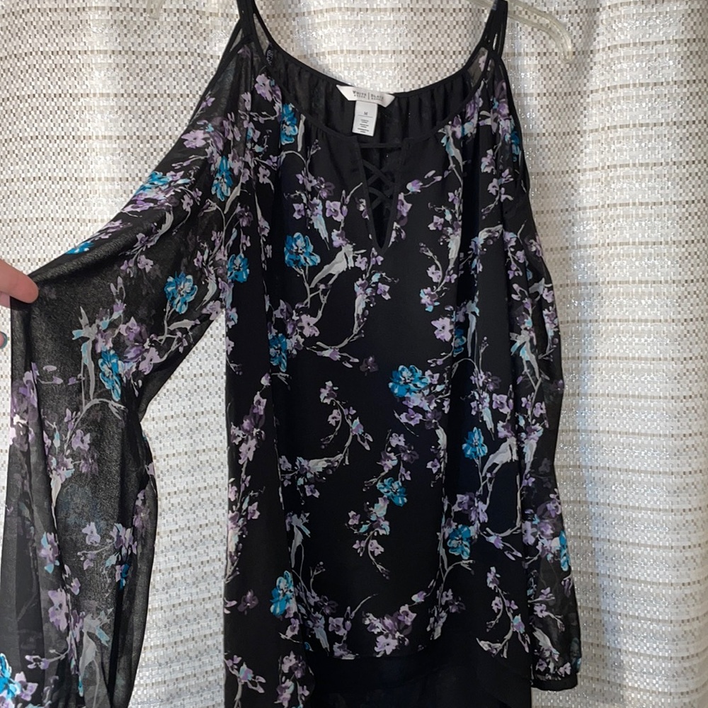 Women’s black floral, cut out shoulder, cross neck, long sleeve blouse